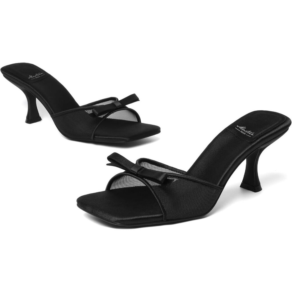 ⚡Women's Black Kitten Heel Round Toe With Bow Vintage Mules Sexy Slip on - Picture 3 of 8
